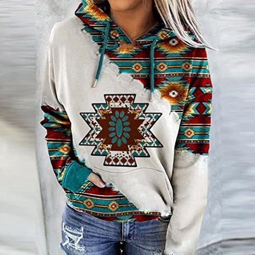 Womenенски блок во боја на качурки врвови на етнички стил печати ацтек пуловер со долг ракав, обичен џемпер со качулка со качулка
