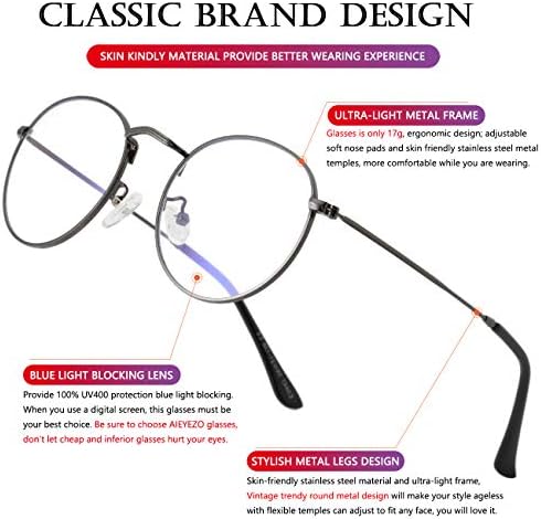 Aieyezo тркалезни очила за жени мажи мода сина светлина блокирачки очила за кружни метални жица рамка за очила
