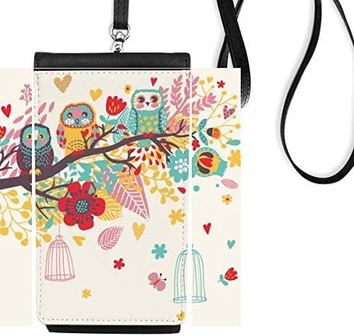 Илустрација животни гранки цвеќиња бувови телефонски паричник чанта што виси мобилна торбичка црн џеб