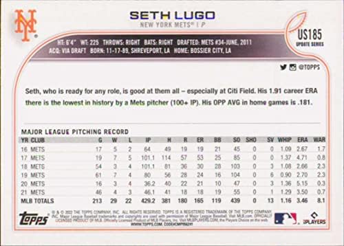 2022 Ажурирање на Топпс US185 Сет Луго Newујорк Метс МЛБ Бејзбол Трговска картичка