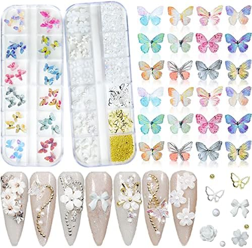 3Д акрилна пеперутка привлечност и цветна смола за украси за нокти, сет, бисер ринестон златни метални нокти привлечност за уметност