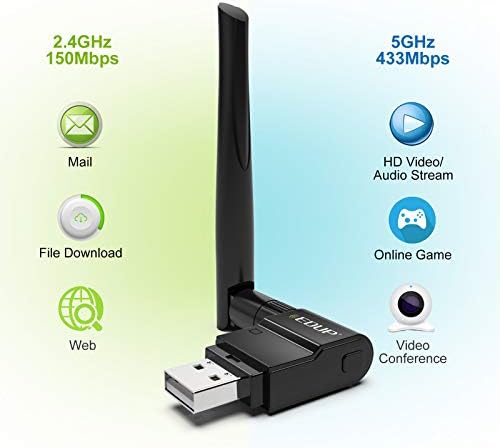 Адаптер за безжичен мрежен адаптер EDUP USB WiFi Dual Band 802.11 AC 2.4G /5G USB Wi-Fi dongle со Extender антена компатибилна со