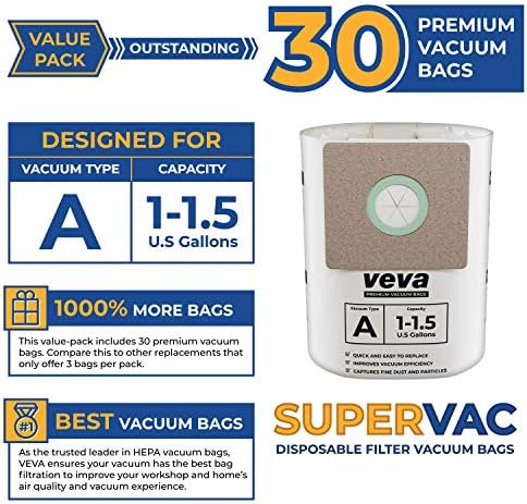 Veva 30 Pack Premium Vacuum Filter Tags Type A 9066700 Работа со продавница VAC 1.5 галон вакуум и 1 галон микроб, дел SV