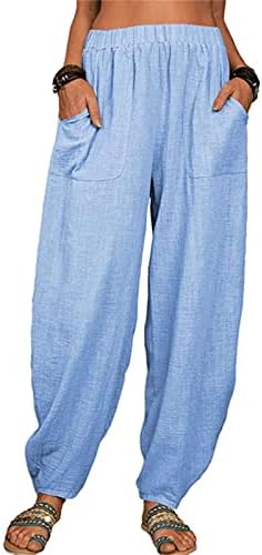 Maiyifu-GJ женски баги постелнина широки панталони за нозе Еластична половината случајна лабава долга панталони со високи половини,