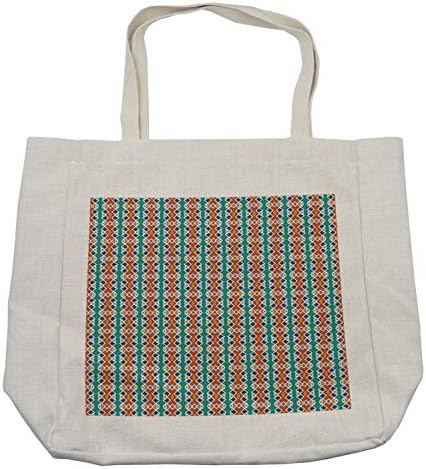 Етничка торба за етничка за купување, формулар фолклорен геометриски шарени ромбии боемски, еколошки торба за еднократно за намирници и повеќе, 15,5 x 14,5, крем