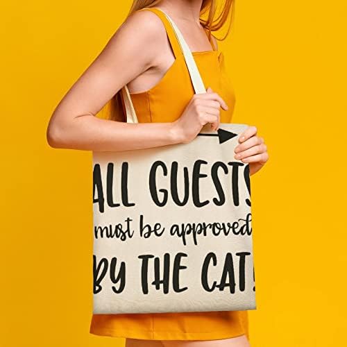 Wengbeauty Canvas Tote торба Сите гости мора да бидат одобрени од торбата за рамо на мачки за еднократна употреба на намирници за намирници,