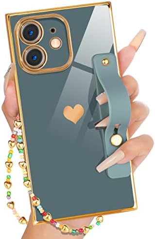 Петицијан за iPhone 12 Квадратни Случај Loopy Штанд/Ремен, Луксузни Слатки Жени Девојки Срце Галванизиран Дизајнер Квадратни