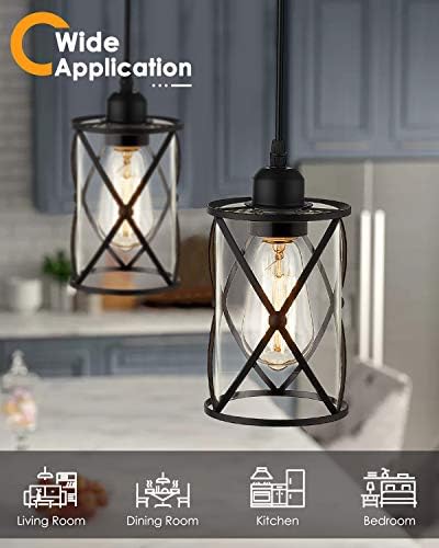Осимир Индустриски приврзок светло, 2 пакувања мини стаклена приврзова светлина за кујна, осветлување на приврзоци од кафез во црна