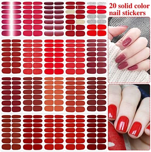 Yecirala 20 листови 280 парчиња црвени целосни налепници за нокти за украси за украсување на ноктите, ленти со црвени нокти полски ленти, целосни