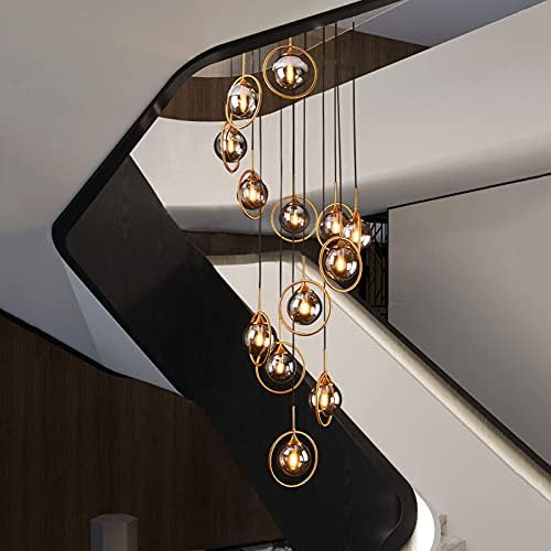 Омонс Креативни нордиски светлосни лустери, Е14 Револвирани скали лустери, за дуплекс скалила за дневна соба, модерни концизни стаклени лустери/транспарентно