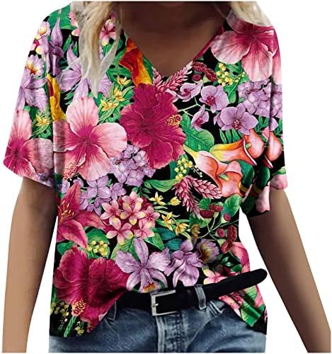 Флорални врвови за жени со краток ракав 3Д печати пролетна блуза лето V вратот Хавајски кошули Обични лабави плажа маички