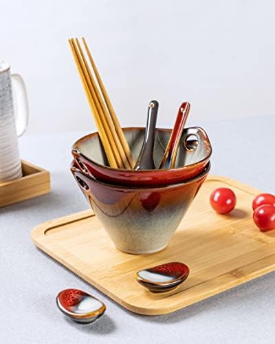 Хенксфен олово керамички јапонски раменски чинии сет од 2 - чинии со длабоки супи со лажици, стапчиња за јадење и држач, 20 мл.