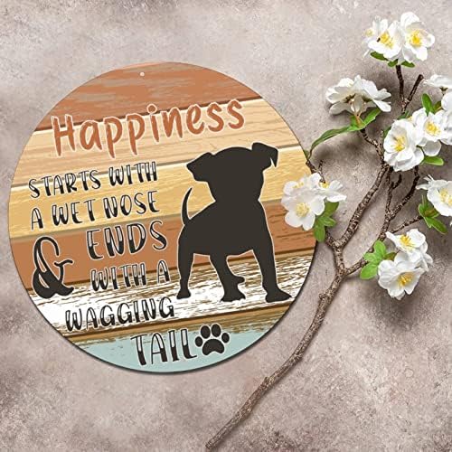 Смешна тркалезна миленичиња кучиња метални знаци Плакета среќата започнува со влажен нос гроздобер венец знак кучиња врата за закачалка