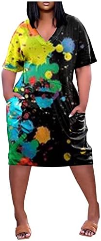 Африкански фустани за жени плус големина гроздобер v врат џебови со кратки ракави маици фустани со преголем фустан од туника на плажа