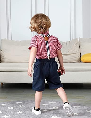 Детето момче летно облека со кратки ракави кошула + панталони за суспензија + лак вратоврска 4 парчиња момчиња облека за дете
