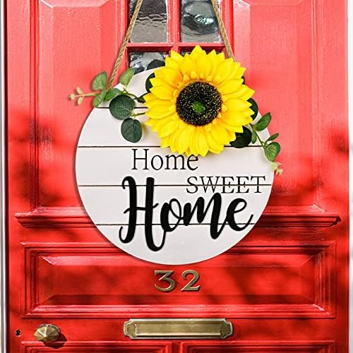 Врата виси знак добредојде знак за сончоглед од влезна врата дома дрвена другарска декорација на венец симулација цвет пролетен венец
