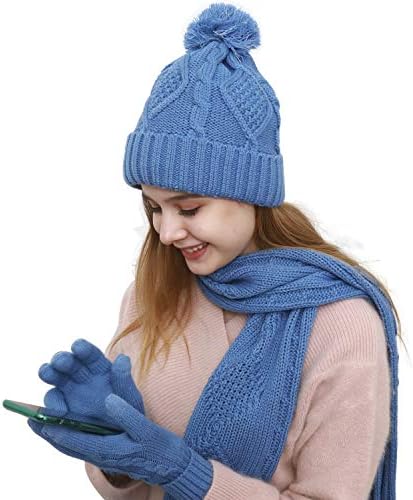 Топла шамија на ракавици за ракавини, сет - кабелски плетен зимски подарок сет за пом капа на допир нараквица долга шамија 3 компјутери поставени
