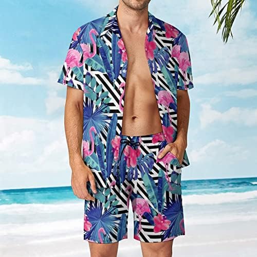 Weedkeycat Flamingo и Palm Leaf Manigly Beach Outfits 2 парчиња Хавајско копче надолу со кошула Краток ракав и сет на трупки од шорцеви