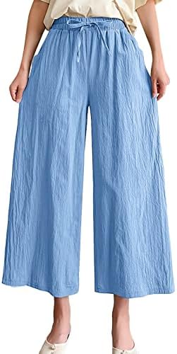 Женски постелнина памучни панталони удобни палацо панталони летни обични широки нозе јога панталони влечење еластично лабаво вклопни панталони
