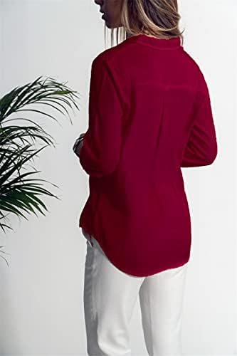 Копче за долг ракав со женски andongnywell, надолу кошули Едноставно истегнување на пулвер, формална обична кошула блуза