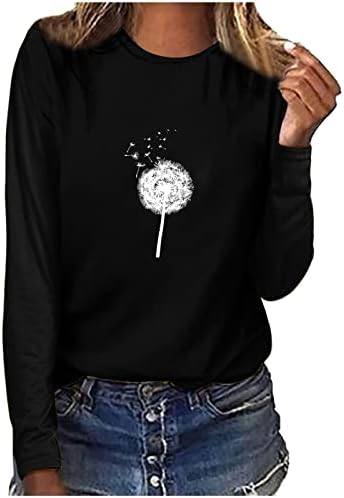 Women'sенски врвови пролетни обични глуварчиња со долги ракави кошули со екипаж печатени пуловер блуза тунична маичка маичка облечена