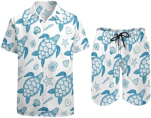 Морска желка и школки мажи 2 парчиња хавајски сет копче-долу кошули со кратки ракави, панталони за плажа лабави вклопени манжетни
