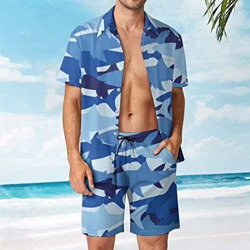 Weedkeycat Сини ајкули Камуфлажа на маски на плажа облеки 2 парчиња Хавајско копче надолу со кошула Краток ракав и шорцеви