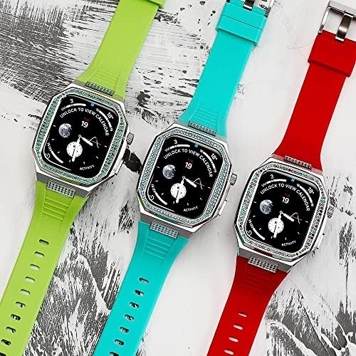 Комплет за модификација на Texum 44mm 45mm за Apple Watch Diamond Cover Guber Cover Ruble Strap не'рѓосувачки челик за часовници за часовници