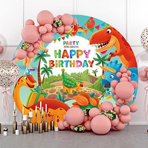 Yeelle 6.5x6.5ft цртан филм Диносаурус Среќен роденден круг зад себе шарени диносауруси тропски палми фотографија позадина за деца момчиња роденденска