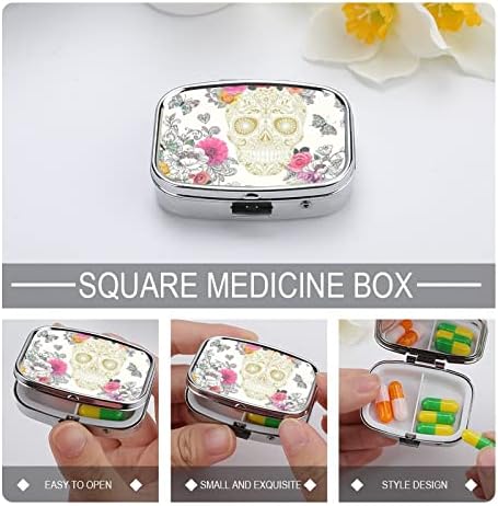 Пилула кутија роза цвеќиња череп квадрат во форма на таблета таблета, преносен пилум за витамин контејнер Организатор на апчиња