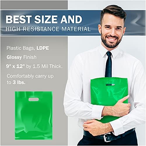 Зелена стока Пластични кеси за купување - 100 пакувања 9 x 12 со рачки од дебелина од 1,5 мил.