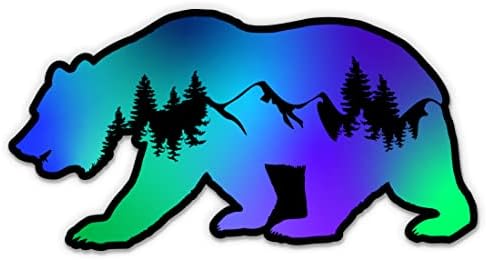 Мечка Планини налепница на Северни светла - налепница за лаптоп 3 - водоотпорен винил за автомобил, телефон, шише со вода - планини мечка Алјаска