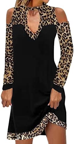 Nokmopo женски фустан обичен панел за боја на леопард од рамо со долг ракав директен фустан за забава макси фустан