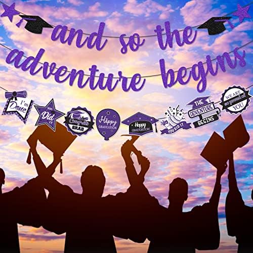 Виолетова И Така Започнува Авантурата Банер Виолетова И Црна Дипломирање Украси За Забави 2023 Авантура Чека Украси За Забави