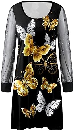 Летен женски фустан со продолжение на трендовски чиста мрежа со долги ракави фустан Пеперутка печати екипаж облеки Обични мини фустани