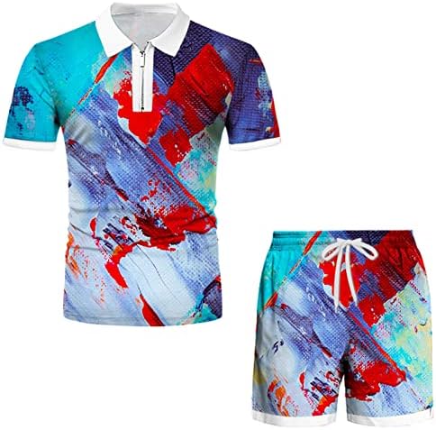 Tracksuit 2 Piece за мажи, машки поло маици и шорцеви поставува летни модни обични кратки ракави за џогирање поставува спортска