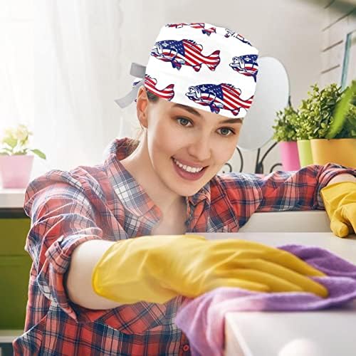 2 парчиња медицинска сестра за чистење капачиња со долга коса, прилагодливо работно капаче на американско знаме со копче и џемпери