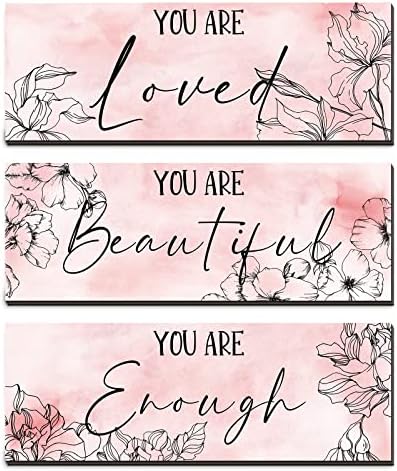 3 парчиња цветни дрвени висечки wallидни уметности позитивни цитати, вие сте сакани, вие сте убави, вие сте доволно инспиративни