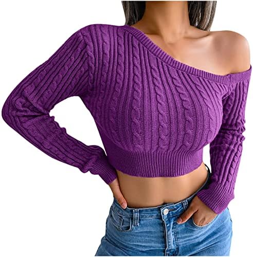 Lmsxct од џемперите на рамото култури за жени со долг ракав кабел плетени врвови со тенок вграден џемпер џемпер трендовски пуловер