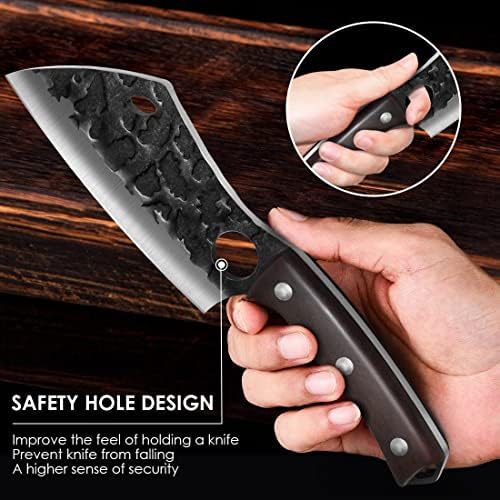 Викинг нож рака фалсификуван нож за боење со кожна обвивка, 6 '' професионален нож за филе, чистач со растително месо од јаглеродно месо,