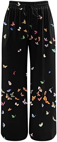 Женски постелнини исечени панталони, цветни печатени широки нозе Троуерс со џебови со високи половини летни летни шипки панталони