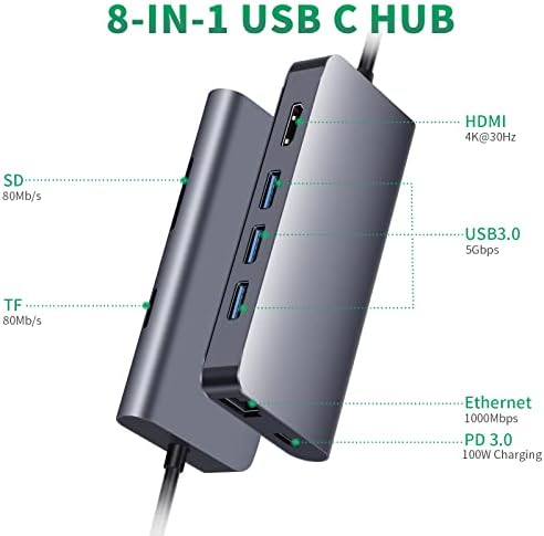 USB C Hub Multiport Адаптер 8 ВО 1 USB C Докинг Станица СО 4K HDMI, 3 USB 3.0, Tf/SD Читач, Gigabit Ethernet, 100W ИСПОРАКА НА Енергија USB