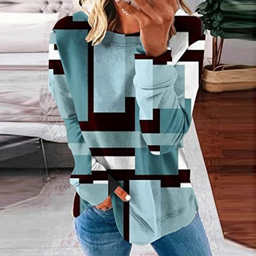 Womenенски геометриски графички пуловер врвови на обичен блок во боја со долги ракави џемпери за блузи мода преголема кошула за пр.
