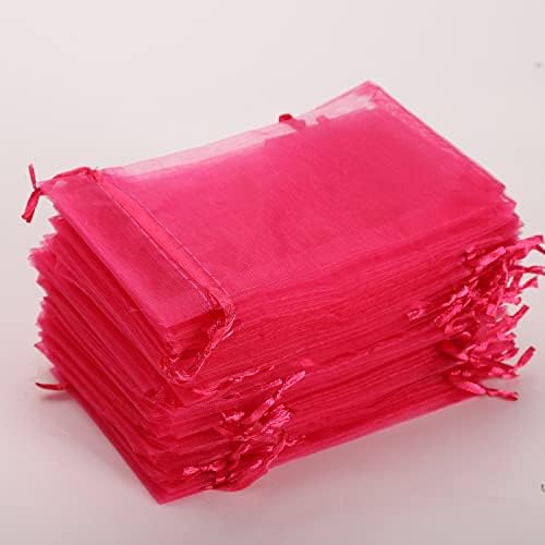 Лаутехко 60 парчиња Розови Црвени Торби За Подароци Од Органза 3х4,Мали Мрежести Кеси Со Врвка,Чисти Чанти За Свадбена Забава За