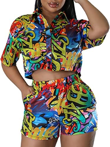 Агенлулу лето 2 парчиња облека за жени секси кошула култура на врвни мини шорцеви сетови на печатено копче надолу