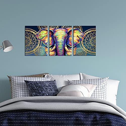 Apicoture Bohemian Elephant Shafe Wallидна уметност - Шарено животно платно wallидна уметност Бохо злато мандала цветна wallидна декор подготвена да виси 12x16inchx3pcs