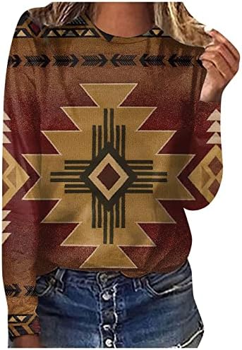 Западни Ацтеки кошули со долги ракави за жени гроздобер етнички графички блузи врвови паѓаат обична лабава маичка од кошула