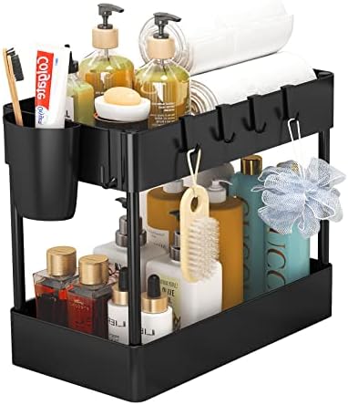 Аијака под организатор на мијалник, 2 нивоа за складирање, под корпи за организатор на кабинети со 6 куки и 1 чаша за кујна за кујна, чајната кујна, црна боја