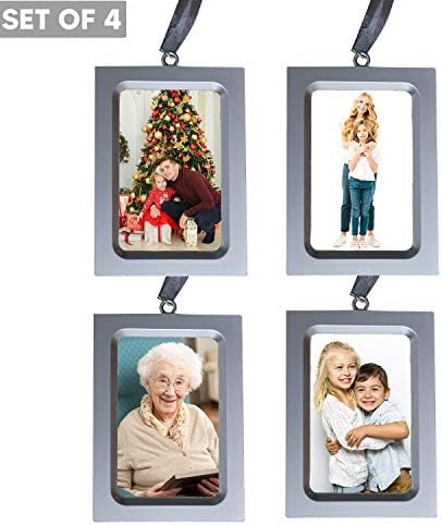 Вертикални украси за рамки за слики - рамки за украси сет од 4 - металик сребрен дизајн - минијатурни фото рамки за новогодишна елка - сет од 4 рамки за фотографии - има