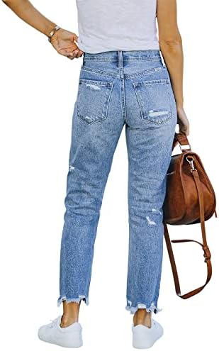 Женски панталони со џебови, женски обични искинати широки фармерки на нозе потресени буги тексас панталони гроздобер улична облека